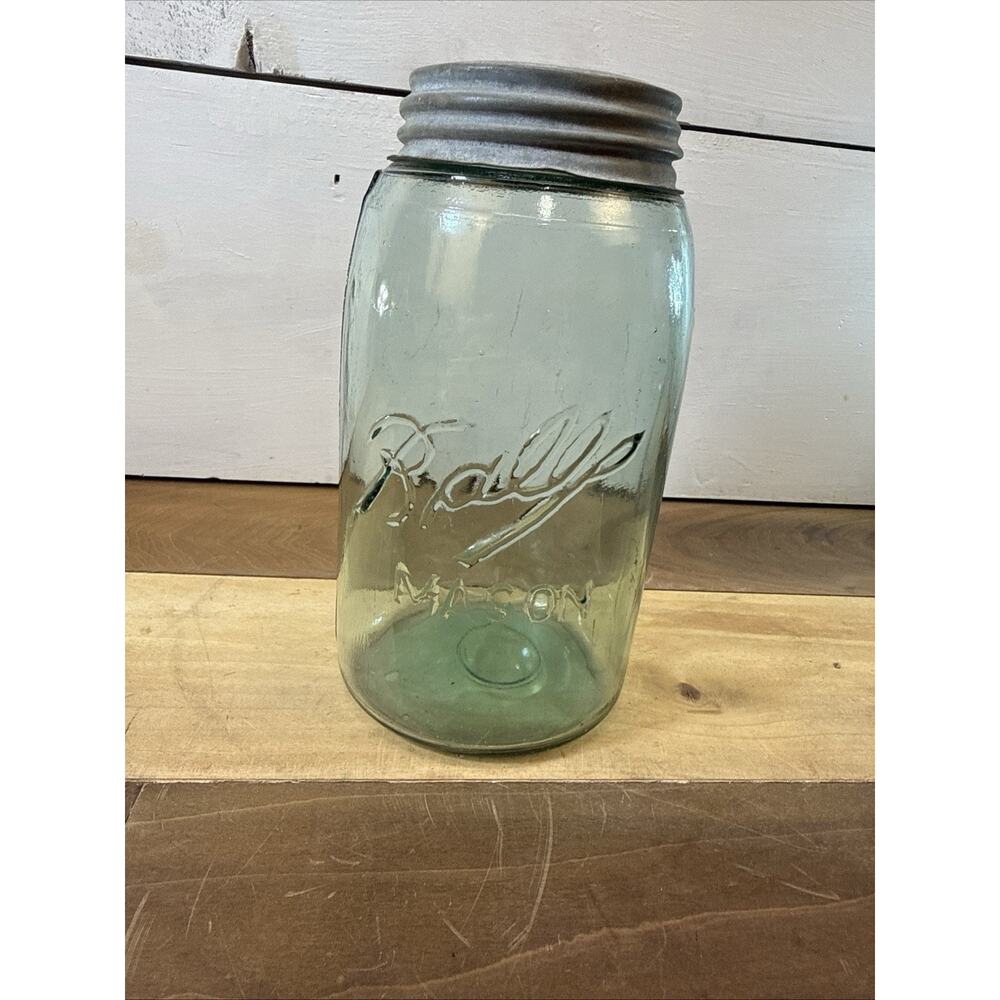 Antique Ball Mason Jar Quart Triple L String Shoulder Znc Lid Aqua Green 1900s